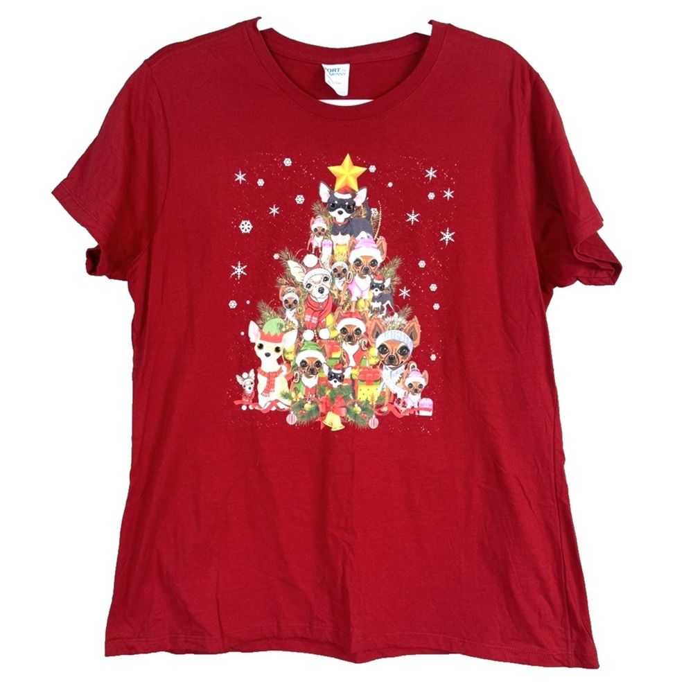 Red Christmas Tree Tee T-Shirt Top XL Chihuahua Dog Print Holiday Novelty Fun